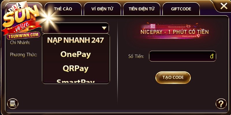 Quy trình nạp tiền SUNWIN vào tài khoản được tối ưu hóa vô cùng đơn giản